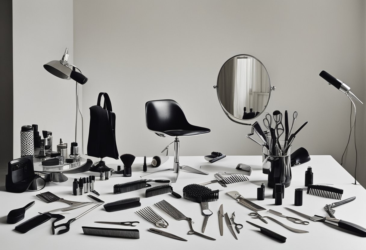 A table covered in hairstylist tools: scissors, combs, hair clips, brushes, and hairdryer. A mirror reflects the array of tools