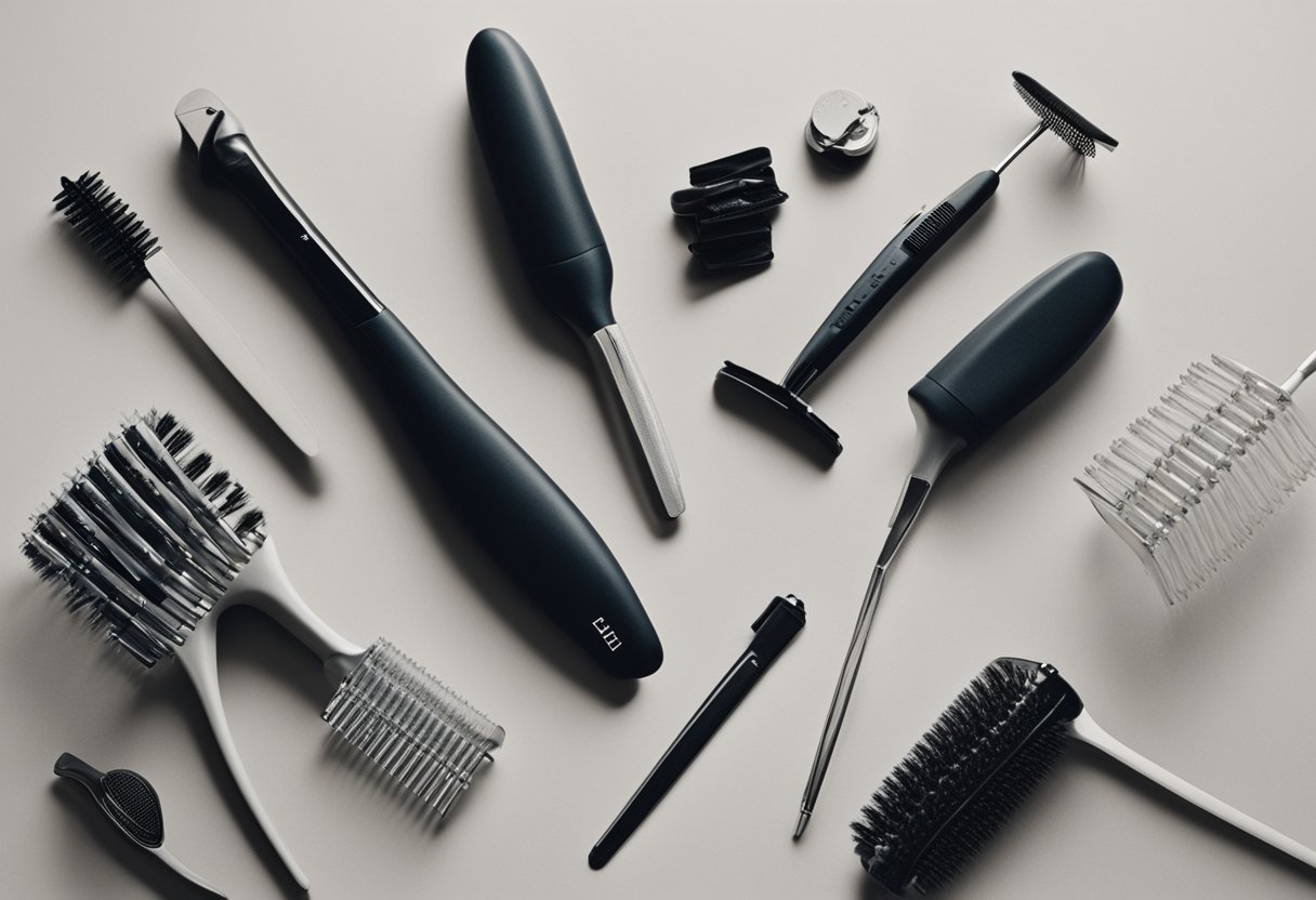 A table with essential hairstyling tools: hairbrushes, combs, hairdryer, curling iron, straightening iron, and hair clips