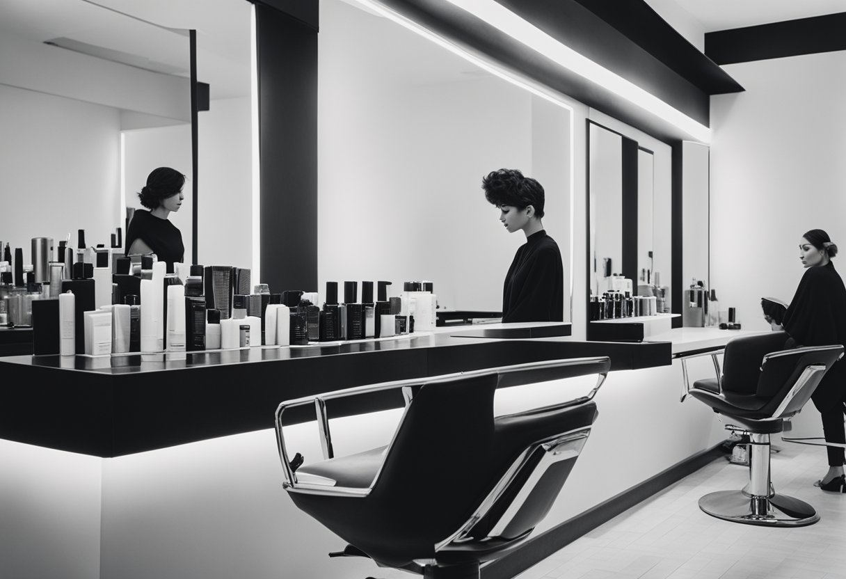 A sleek salon countertop displays hair care products and hairstylist tools