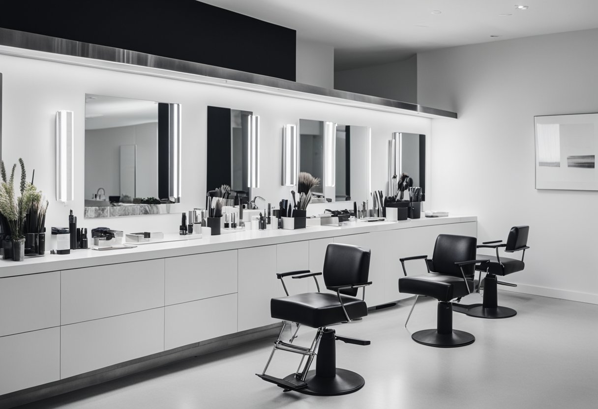 A sleek, modern salon station with high-quality hairstylist tools neatly organized on a clean, white countertop