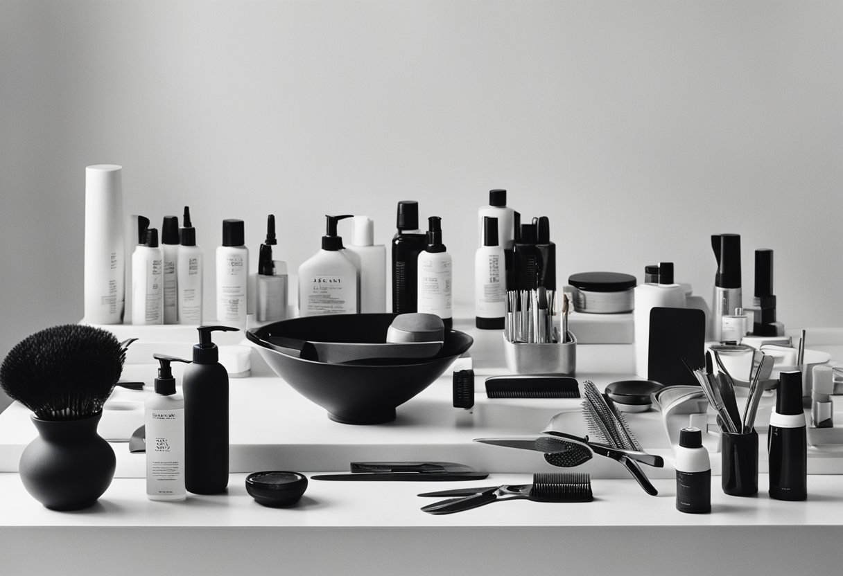 A hairstylist's workstation with Salon Essentials tools: scissors, combs, brushes, and hair products neatly organized on a sleek, modern countertop