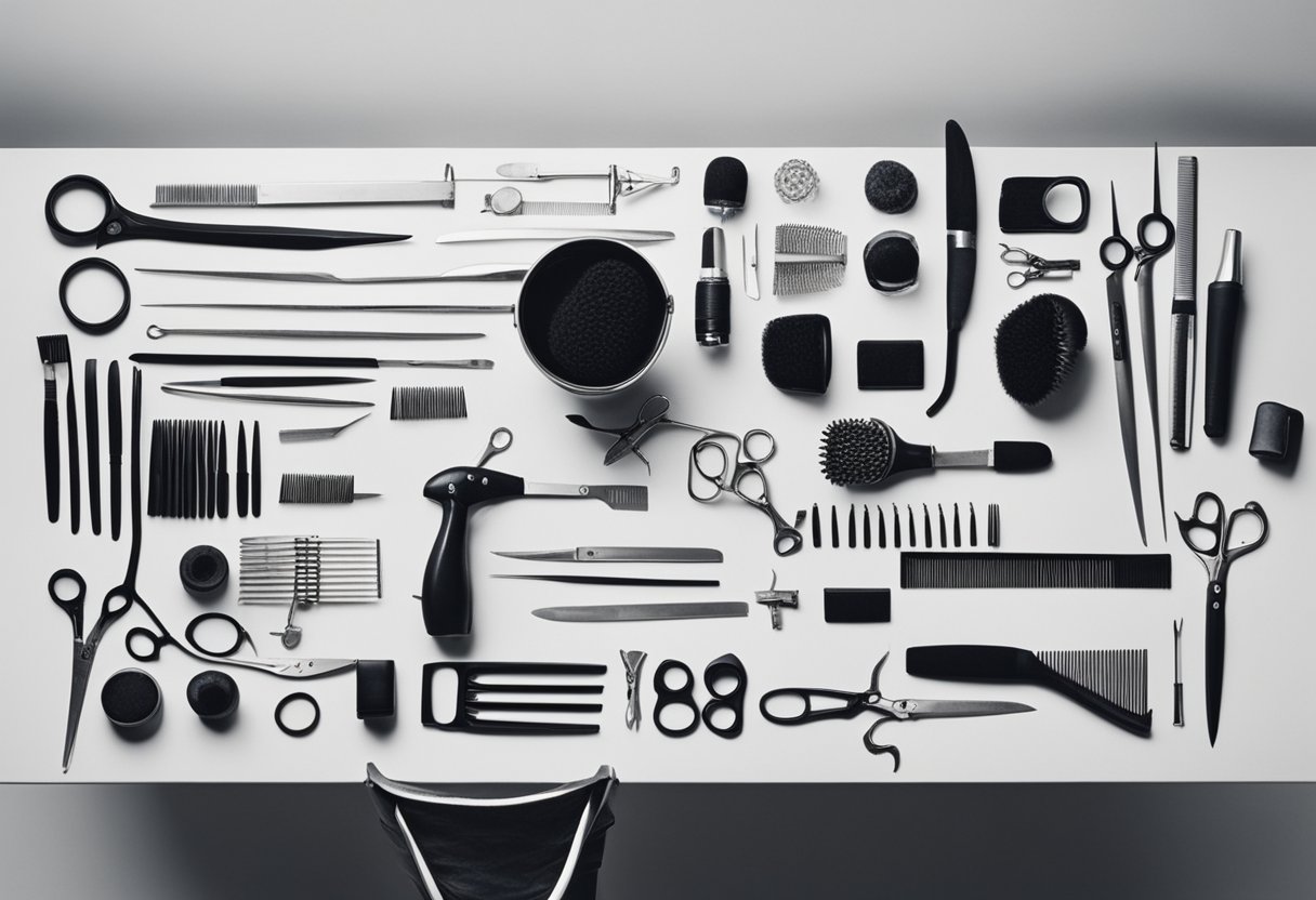 A hairstylist's table with various tools: scissors, combs, brushes, hair clips, and hairdryer