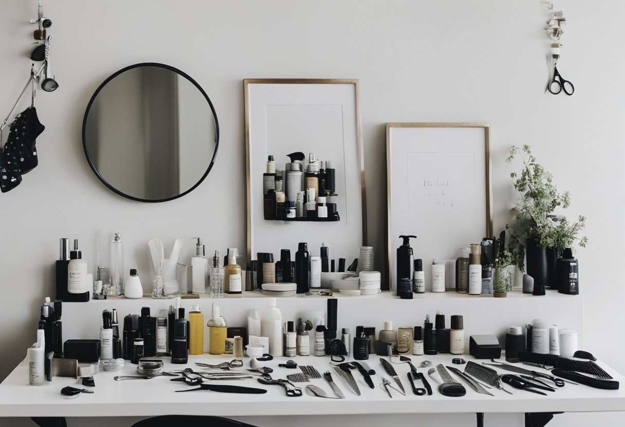 A hairstylist's work station with various tools neatly arranged on a counter, including scissors, combs, hair clips, and styling products