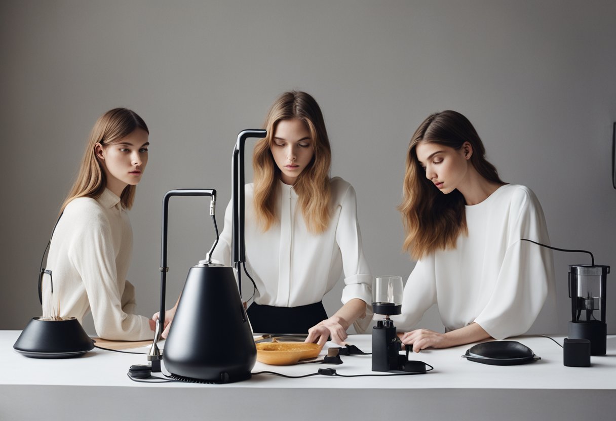 A table with various heated hair tools plugged in, emitting heat and steam