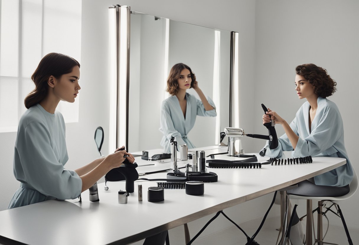 A table with various heated hair tools: curling iron, straightener, and blow dryer. A mirror reflects the tools, and a heat protectant spray sits nearby