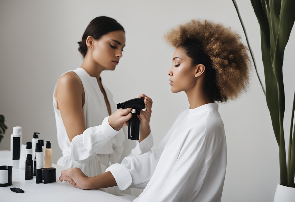 A heat protectant spray being applied to hair before using heated hair tools