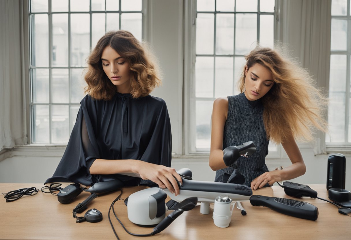 A table with various heated hair styling tools, including straighteners, curling irons, and blow dryers, surrounded by steam and heat waves