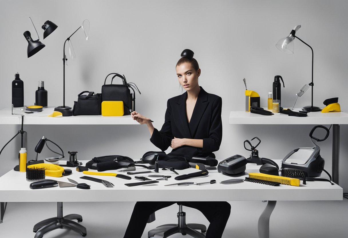 A table with various heated hair tools, surrounded by safety equipment and maintenance supplies