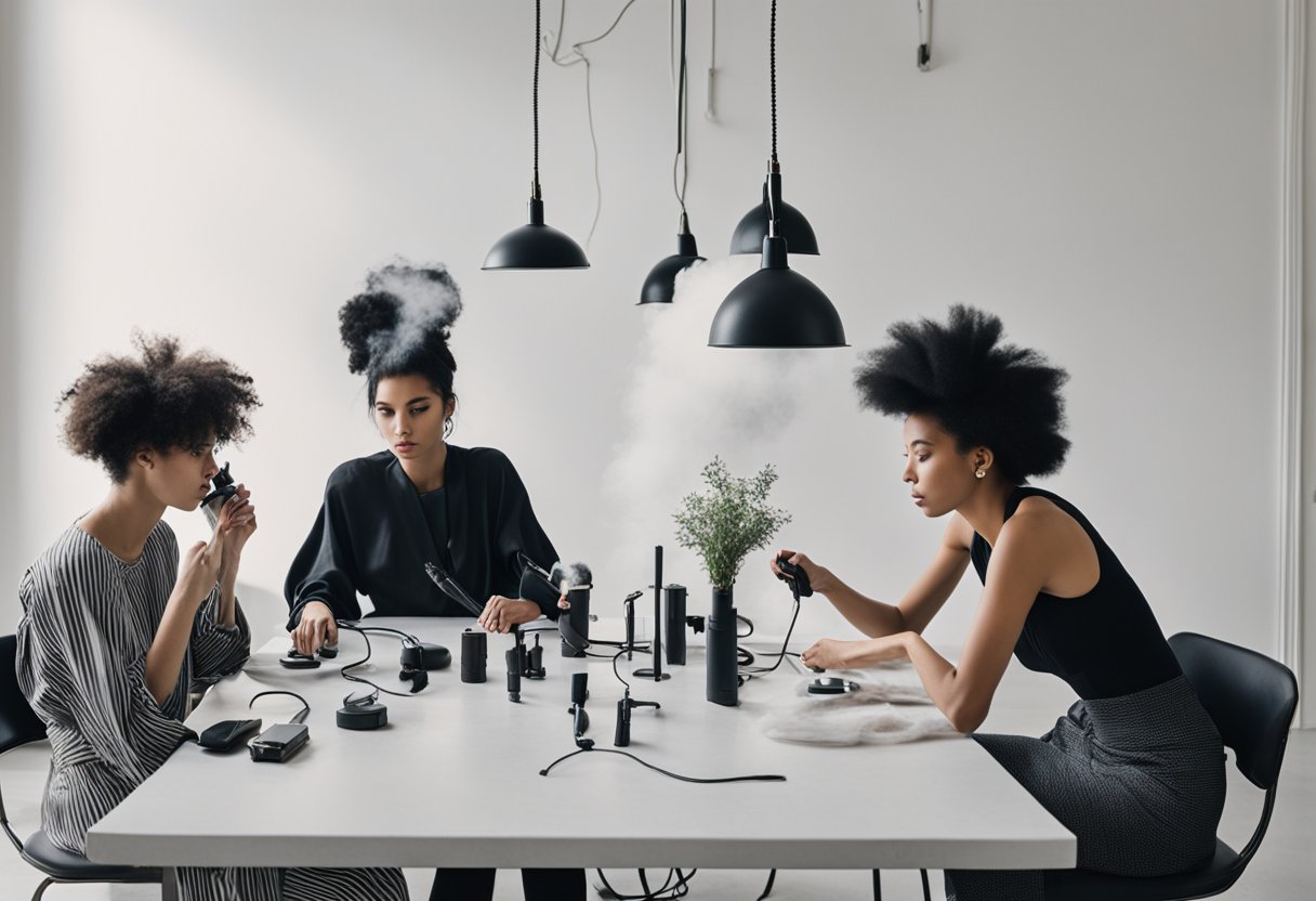 A table with various heated hair tools, surrounded by steam and a plug-in outlet