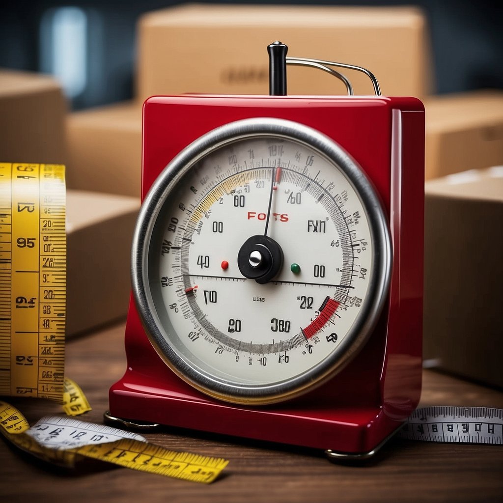 A scale displaying weight and a measuring tape next to a stack of boxes labeled with cubic feet measurements