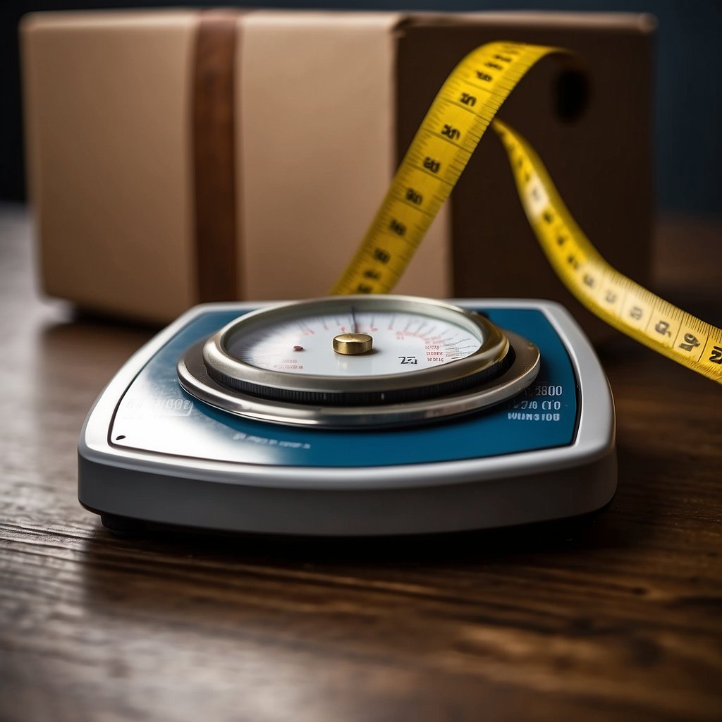 A scale measures a heavy box while a tape measure determines its cubic feet. A calculator shows the volume and weight comparison for moving estimates