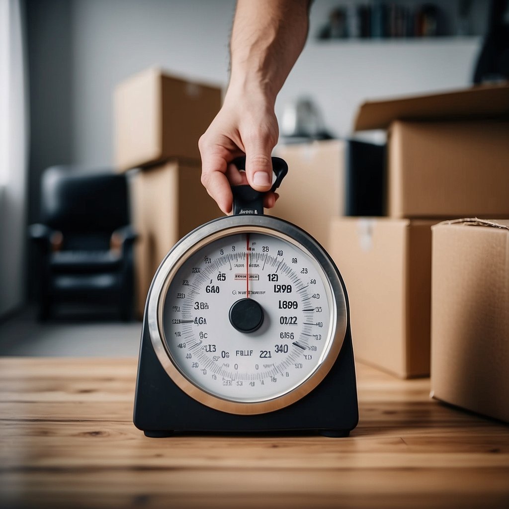 A scale with weight and cubic feet measurements, surrounded by moving boxes and furniture, as a person decides between moving companies