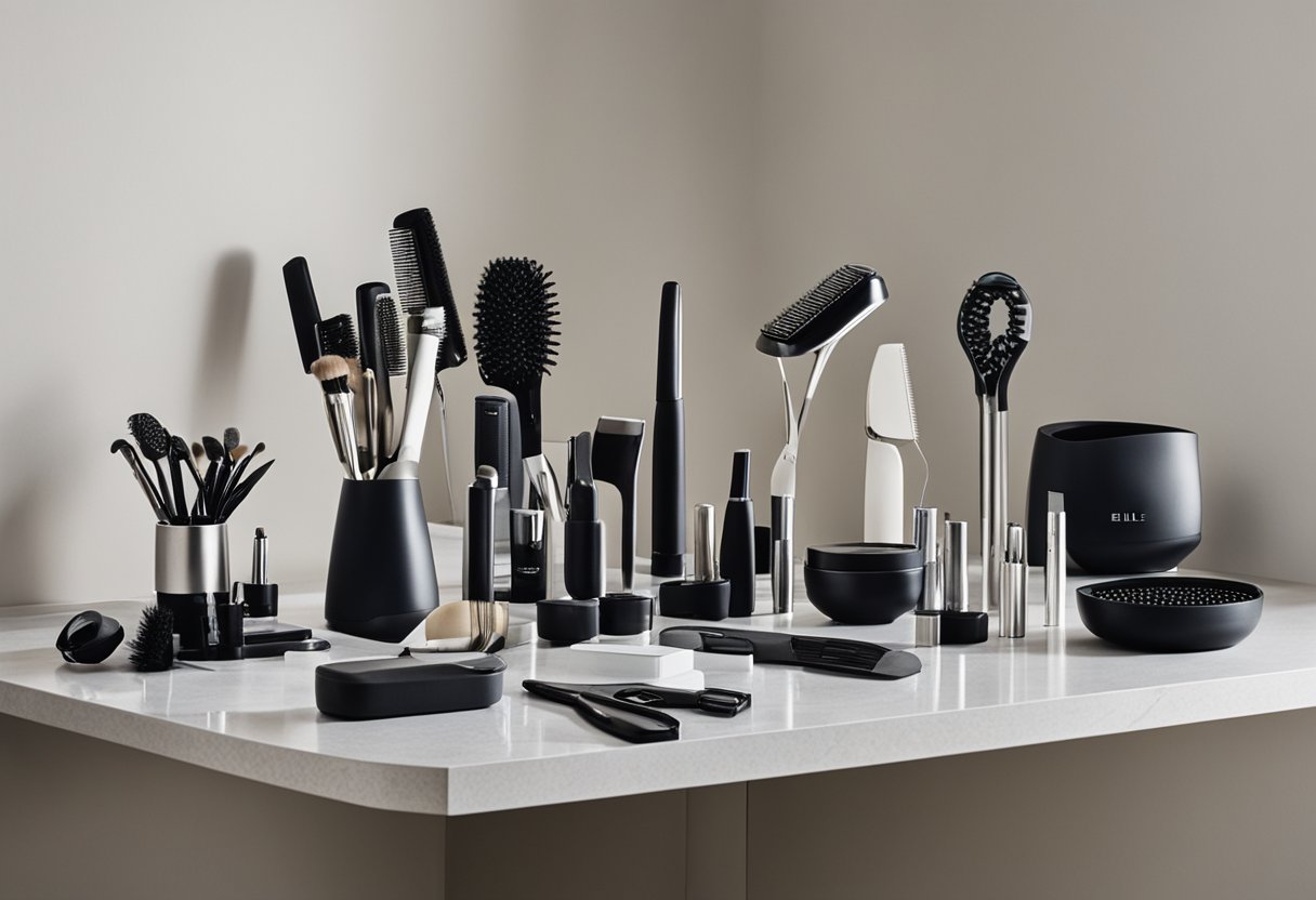 Professional hair styling tools arranged on a sleek, modern countertop. A variety of brushes, combs, hairdryers, and curling irons are neatly displayed