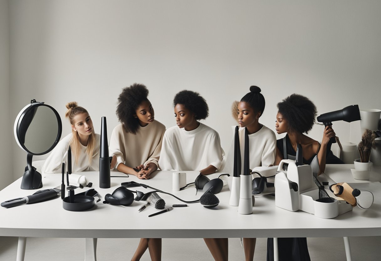 A table displaying a variety of hair styling tools including a hair dryer, straightening iron, curling wand, and brushes