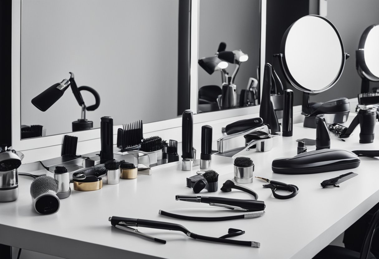 A table showcasing various professional hair styling tools, including straighteners, curling irons, and hair dryers, with a mirror in the background