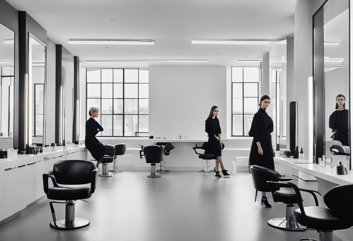 A sleek, modern hair salon with cutting-edge hair styling tools on display. Advanced features and innovations are showcased in the design of the tools