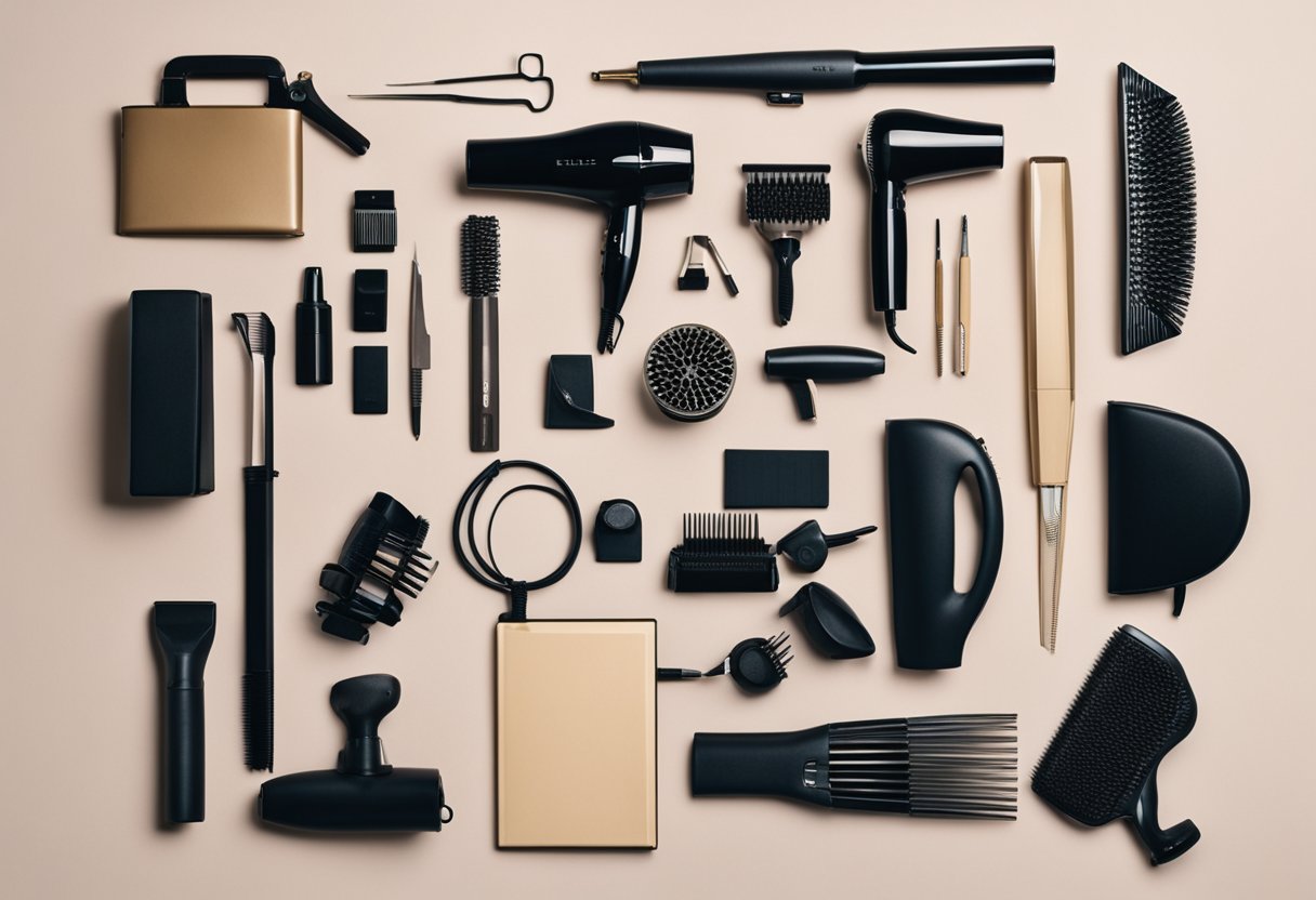 A table with various professional hair styling tools neatly arranged, including hair dryers, curling irons, flat irons, brushes, and combs