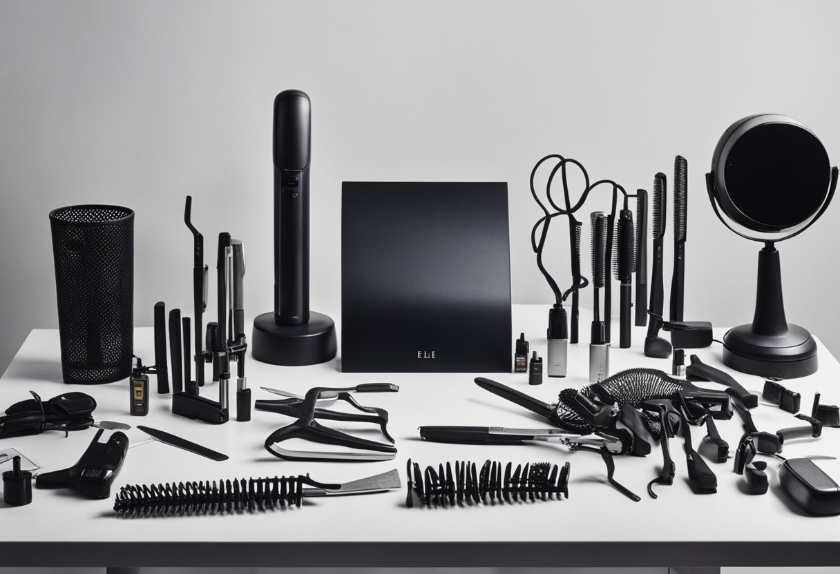 A table with various hair styling tools neatly arranged, including curling irons, straighteners, and hair dryers. A sign with "Frequently Asked Questions" is displayed prominently