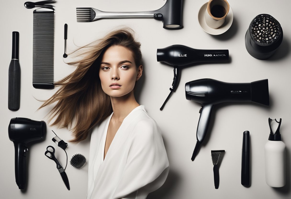 A table with professional hair tools laid out: hairdryer, straightener, curling iron, combs, brushes, and clips