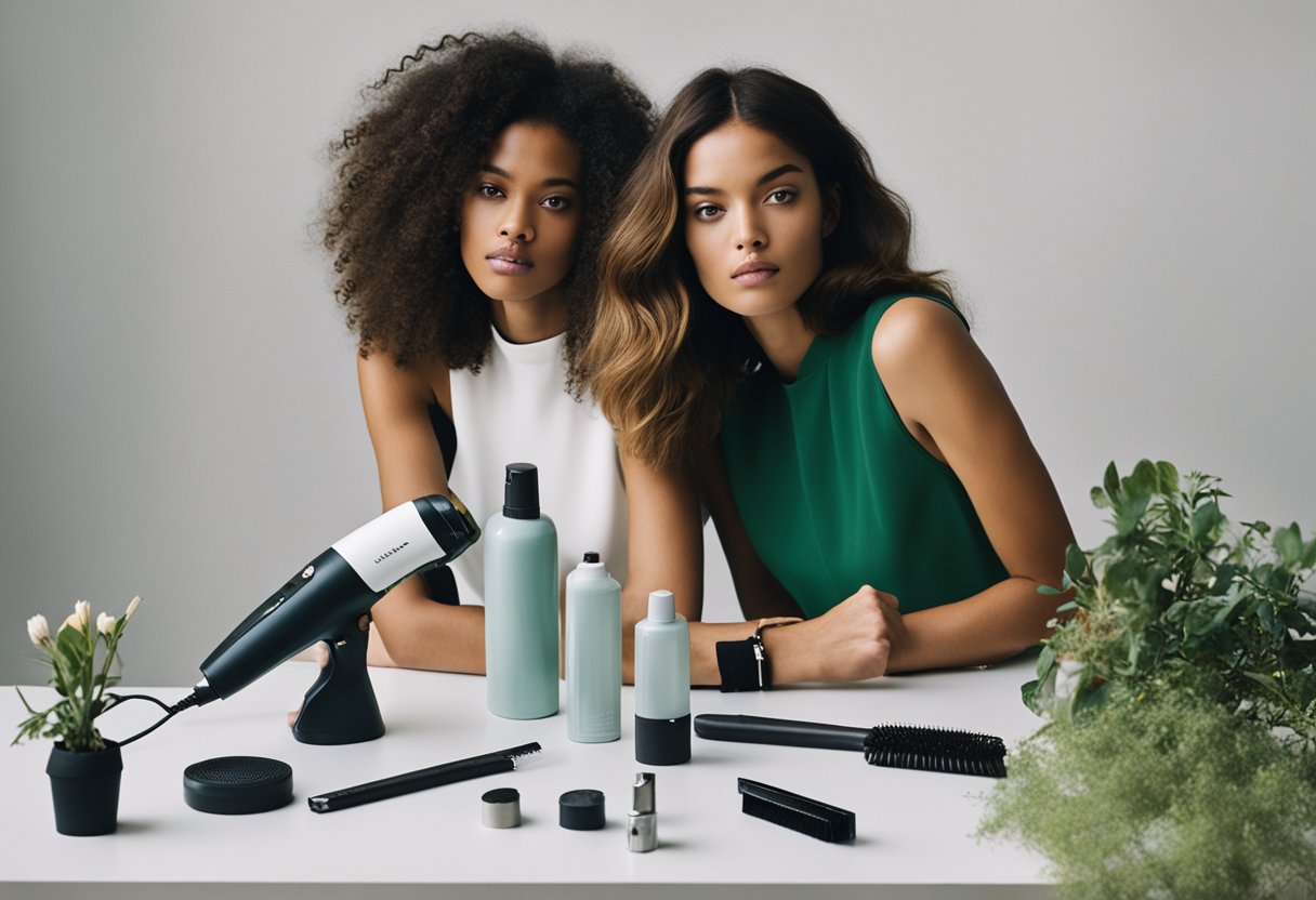 A table holds a hairdryer, flat iron, curling wand, and brushes. A spray bottle and clips sit nearby