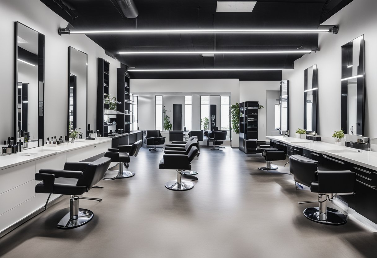 A sleek, modern hair salon with state-of-the-art hair tools and equipment neatly organized on shelves and countertops. The tools are designed with advanced technology and feature sleek, ergonomic designs