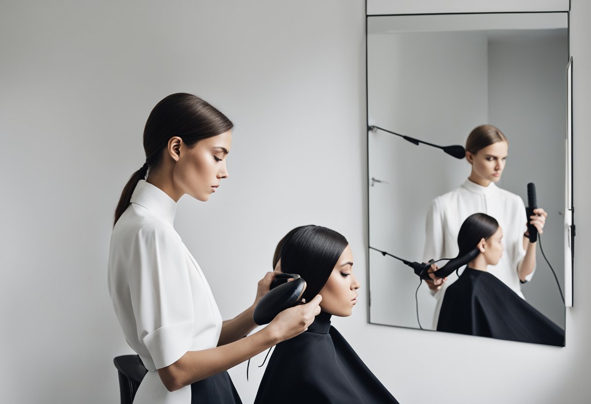 A hairstylist uses professional hair tools to create a sleek and polished hairstyle. The tools include a flat iron, blow dryer, and round brush