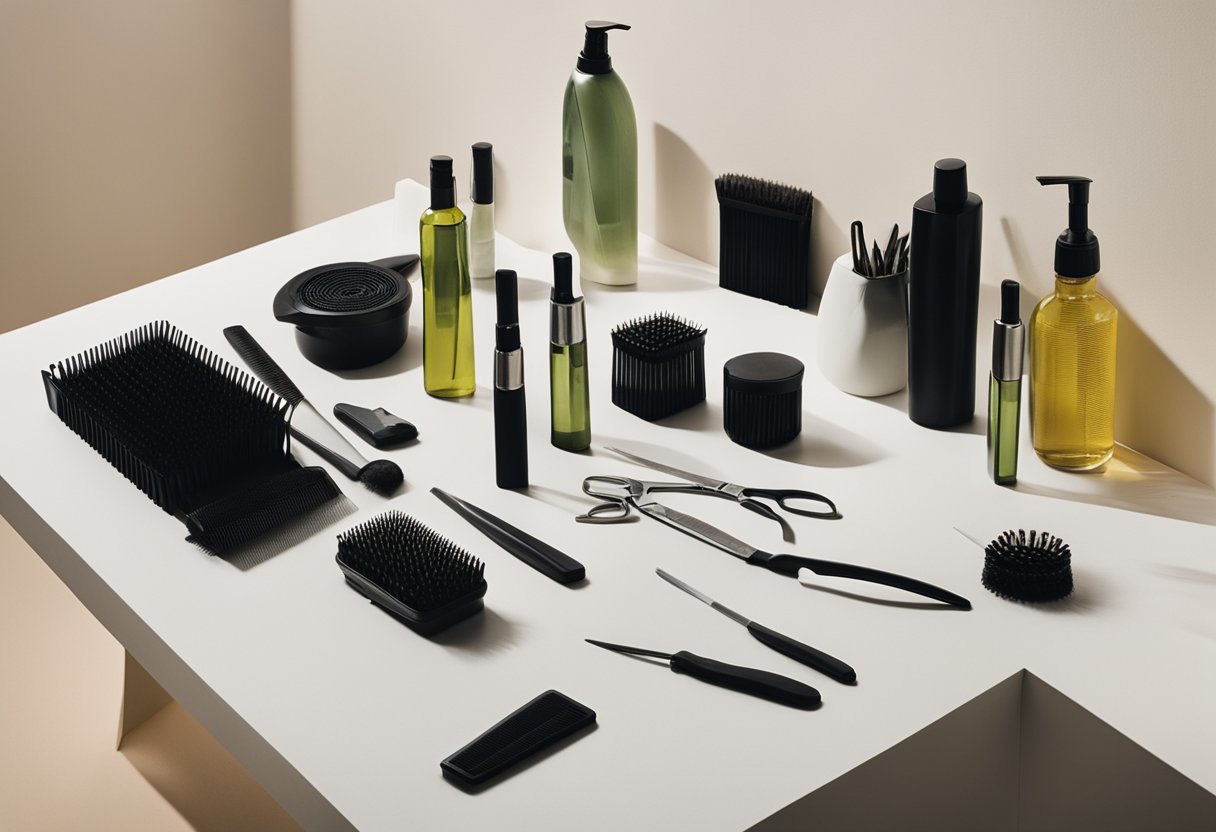 A table with neatly arranged hair tools, including combs, scissors, and hair dryers. A bottle of hair oil and a brush are also present