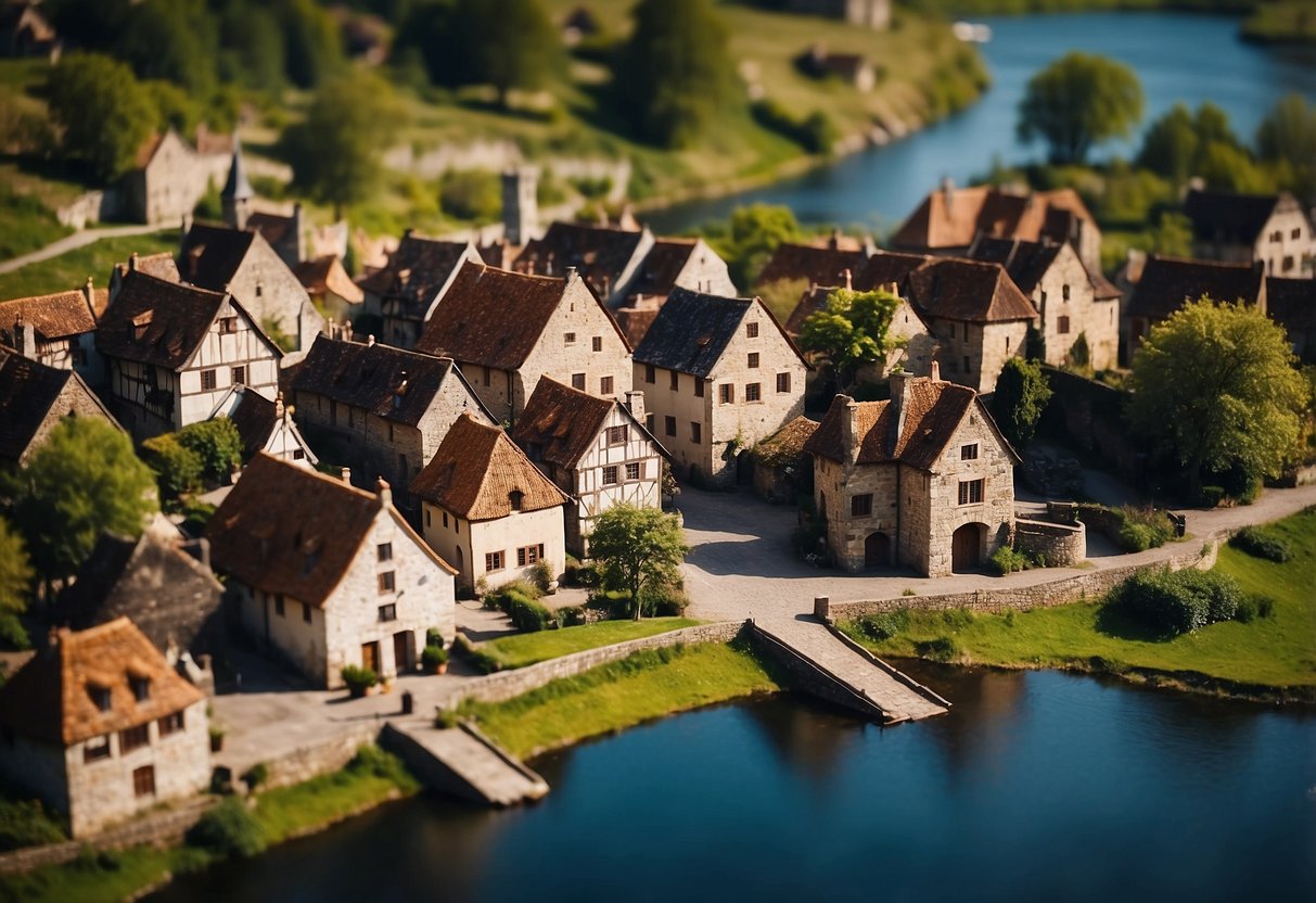 A medieval village with a central castle, surrounded by cottages, fields, and a winding river. Villagers trade coins and resources in the bustling market square