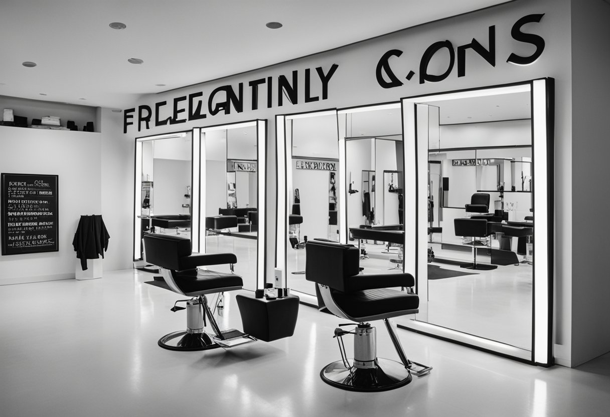 A sleek, modern salon setting with a display of professional hair tools and a sign reading "Frequently Asked Questions" in bold lettering