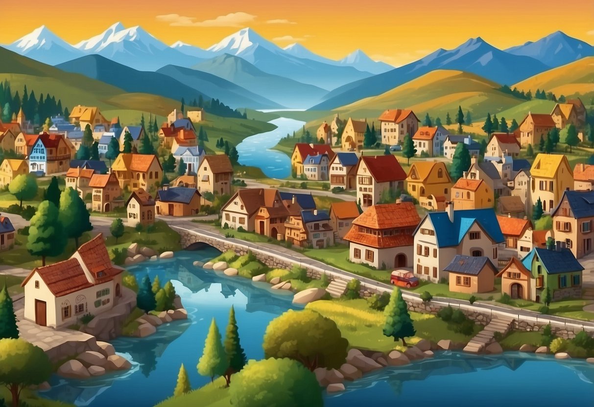 A colorful village with various buildings, trees, and a river, surrounded by mountains and a bright sky