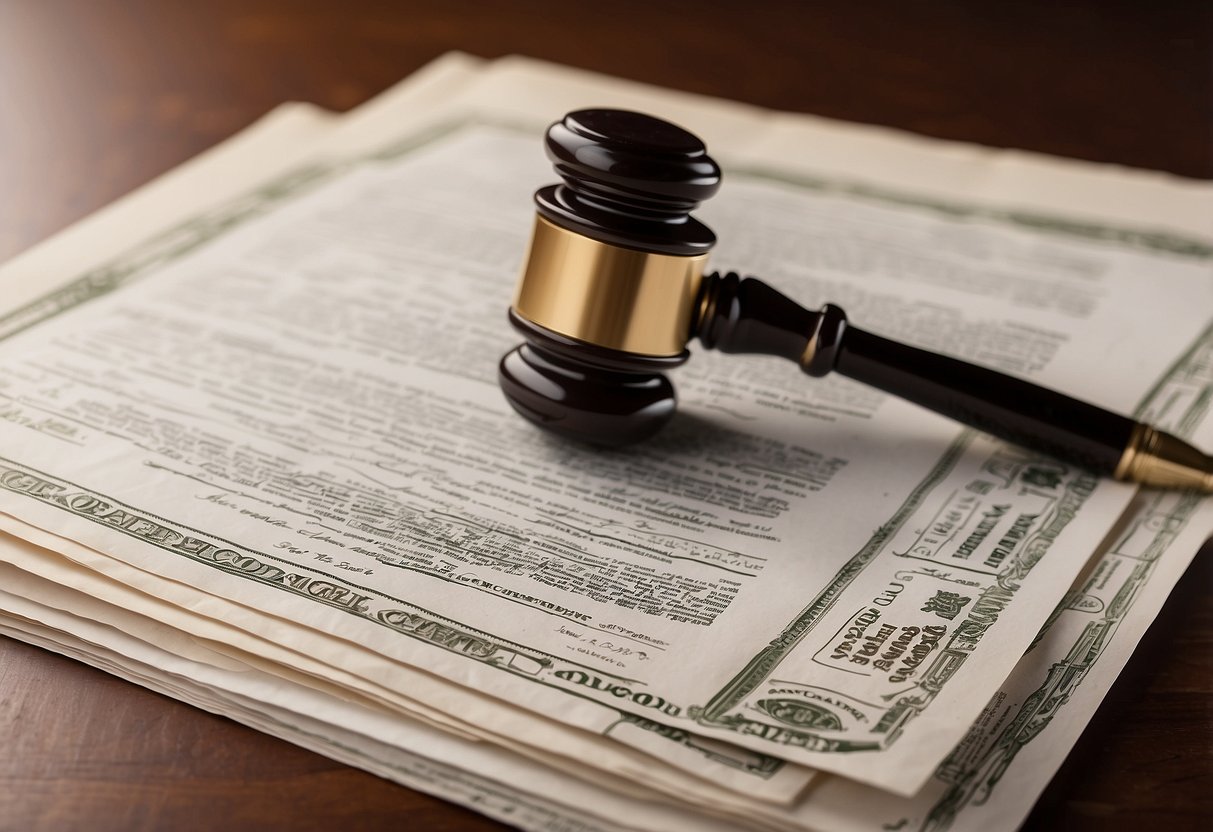 Legal documents spread on a desk with a pen and a stamp, representing the legal aspects of a public market transactional protocol