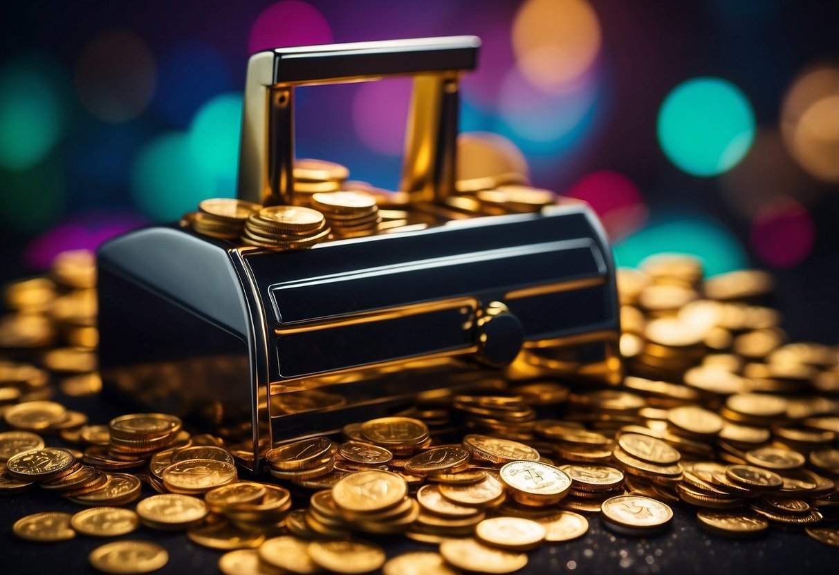 A pile of gold coins with a spinning slot machine in the background, surrounded by a vibrant, colorful background of stars and sparkles