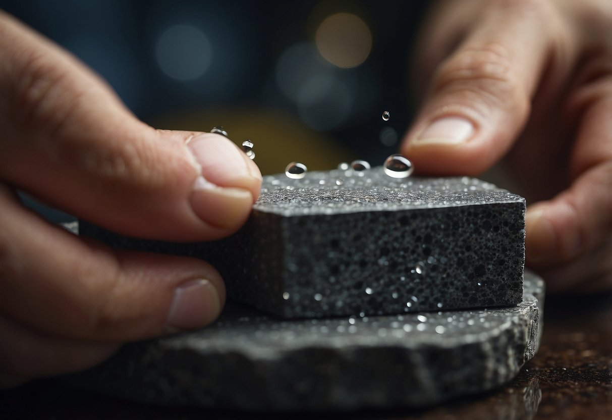 A hand holds a sharpening stone against a blade, moving it in circular motions to craft a smooth edge. Water droplets glisten on the stone's surface