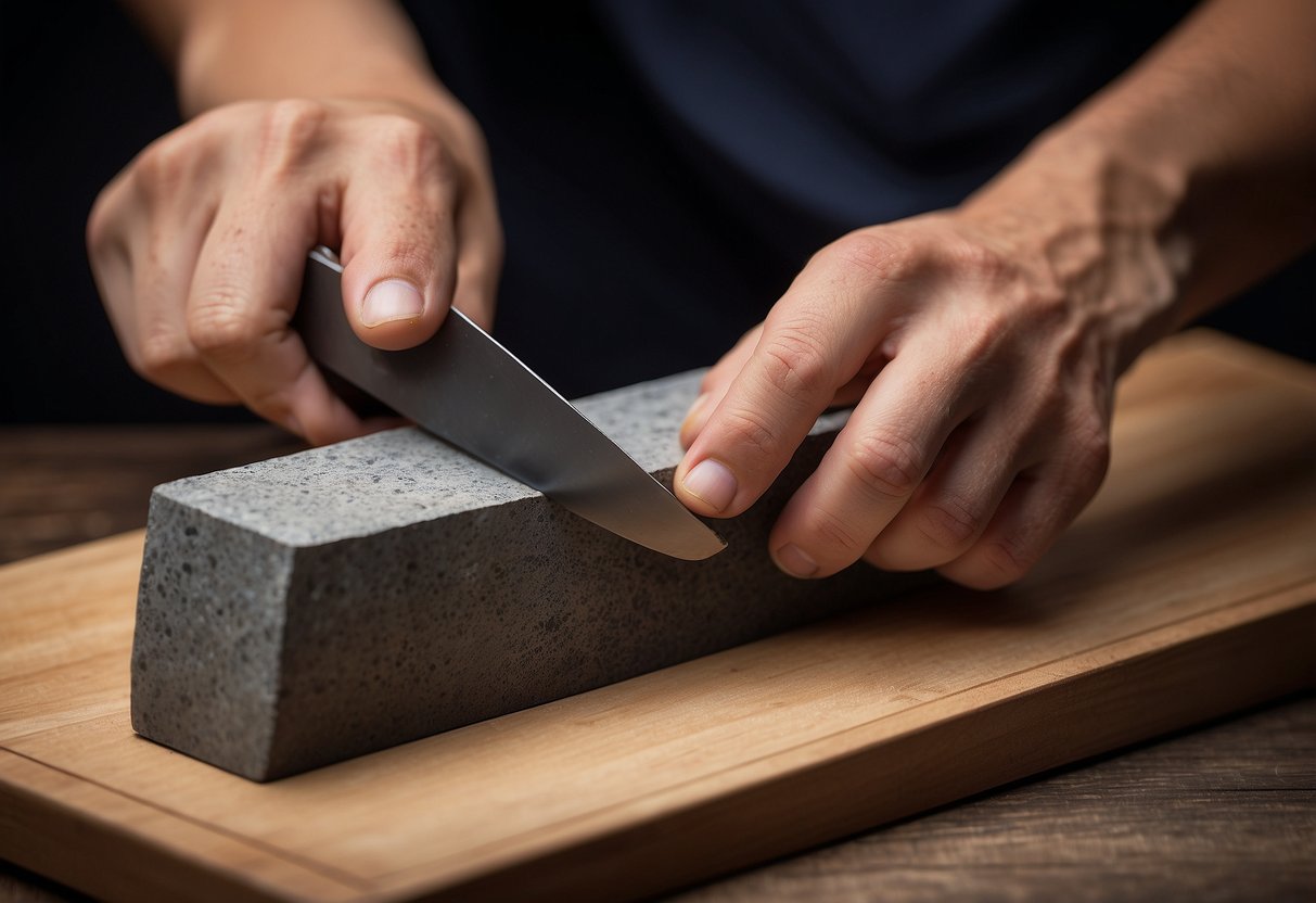 A hand holding a sharpening stone, demonstrating its use on a blade. The stone is smooth and cylindrical, with a wooden handle for gripping