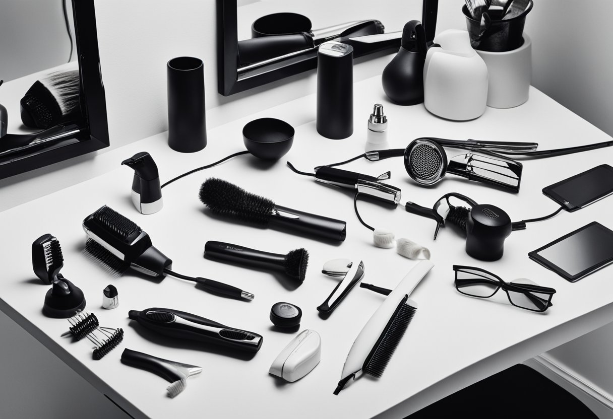 Various styling tools scattered on a sleek, white countertop. Hairdryer, straightener, and brushes neatly arranged. Mirror reflects the organized chaos