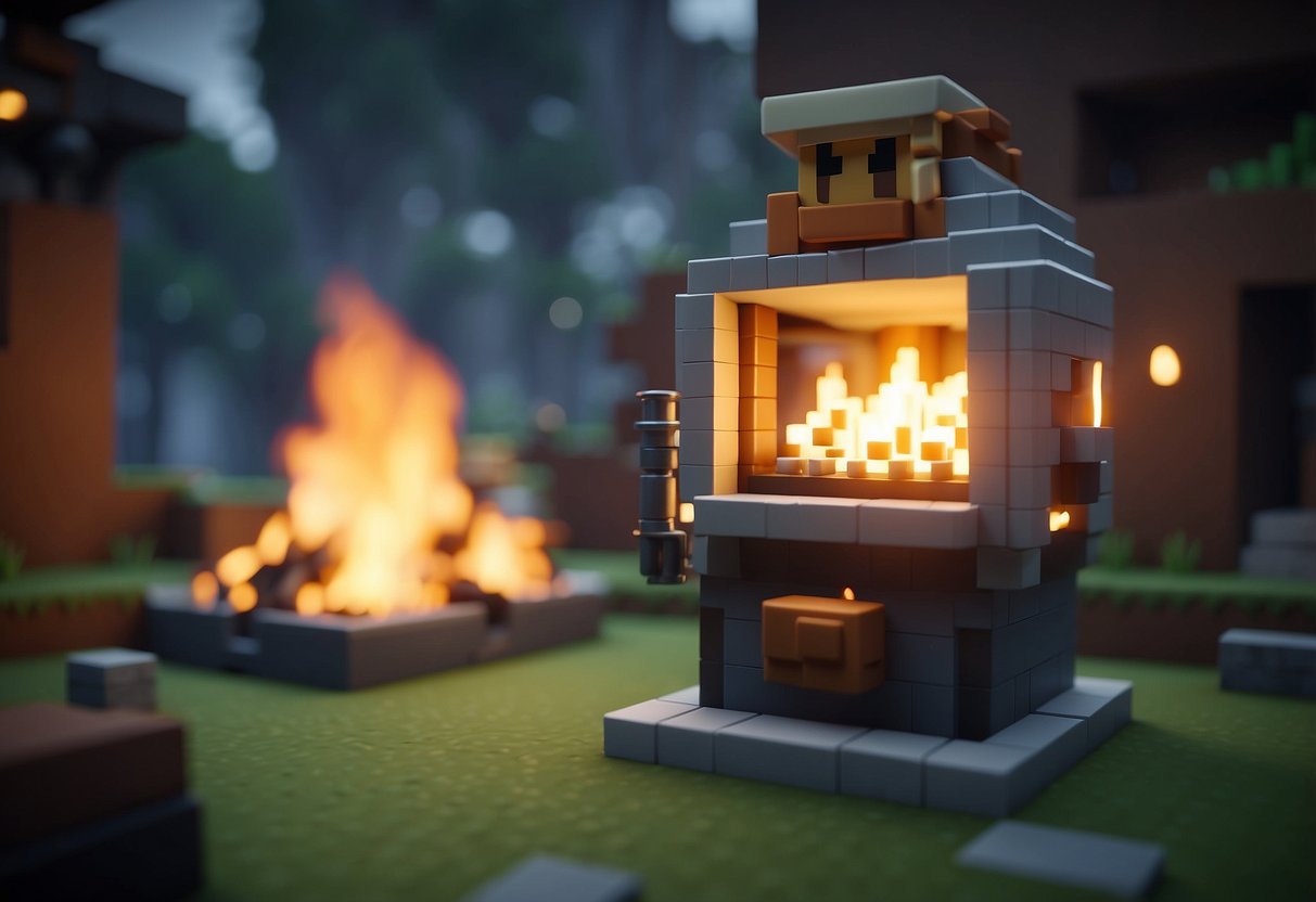 A glowing smelting furnace surrounded by crafting materials in a Minecraft world