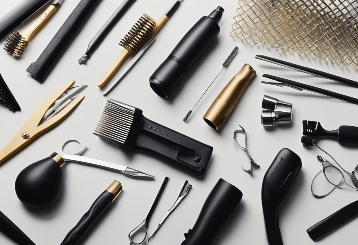 A table with various hair tools: straightener, curling iron, blow dryer, brushes, combs, and hair clips. Each tool is designed for different hair types