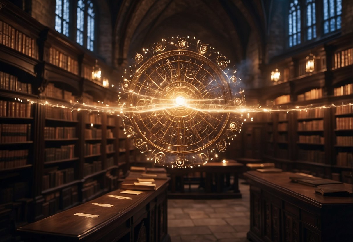 A wand casting spells, surrounded by swirling magical symbols and glowing lights in the Hogwarts library