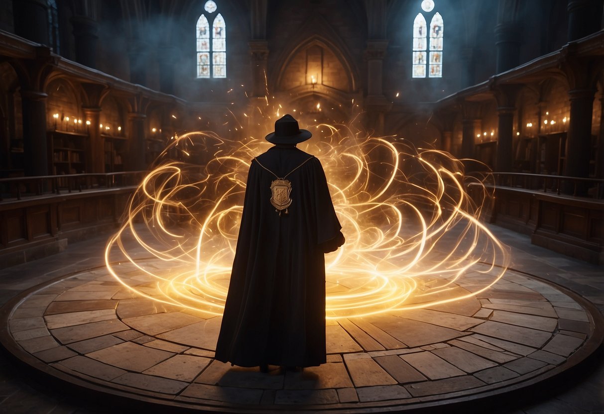 The basics of spellcasting in Hogwarts Legacy are depicted with swirling magical energy and glowing spellbooks