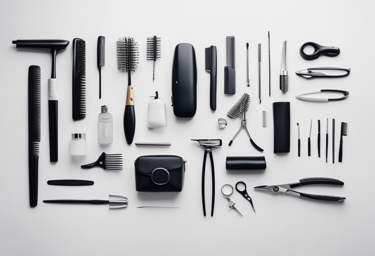 Various styling tools arranged neatly on a clean, white surface, including hair straighteners, curling irons, and hairbrushes