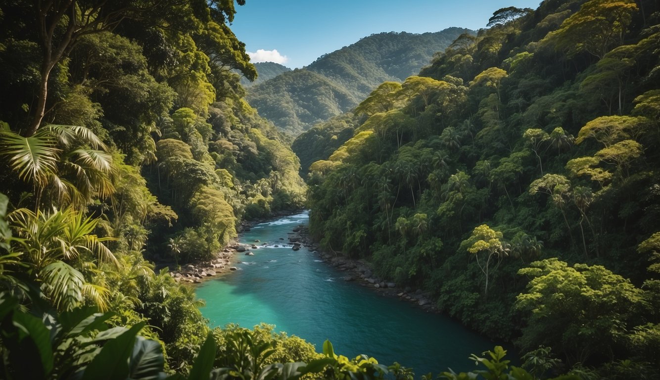 A lush jungle backdrop with vibrant flora and fauna, a winding river, and a clear blue sky sets the scene for background investigations in Costa Rica