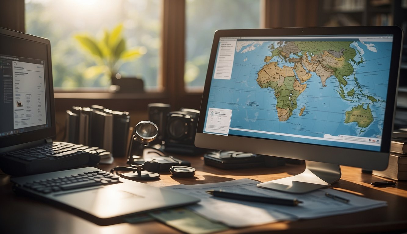 A desk with a computer, files, and a magnifying glass, set against a backdrop of a map of Costa Rica and a framed certificate of investigation