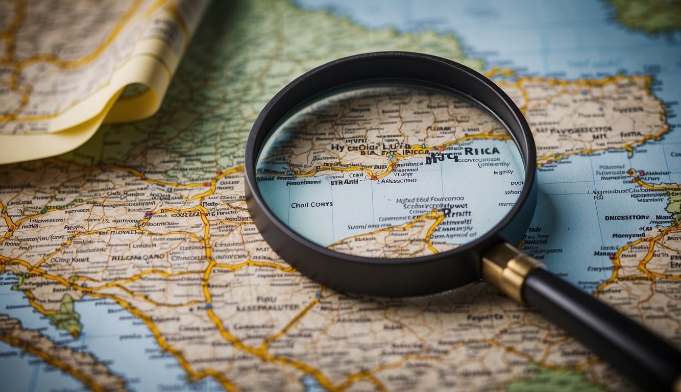 A magnifying glass hovers over a map of Costa Rica, with various documents and files scattered around, highlighting the process of background investigations