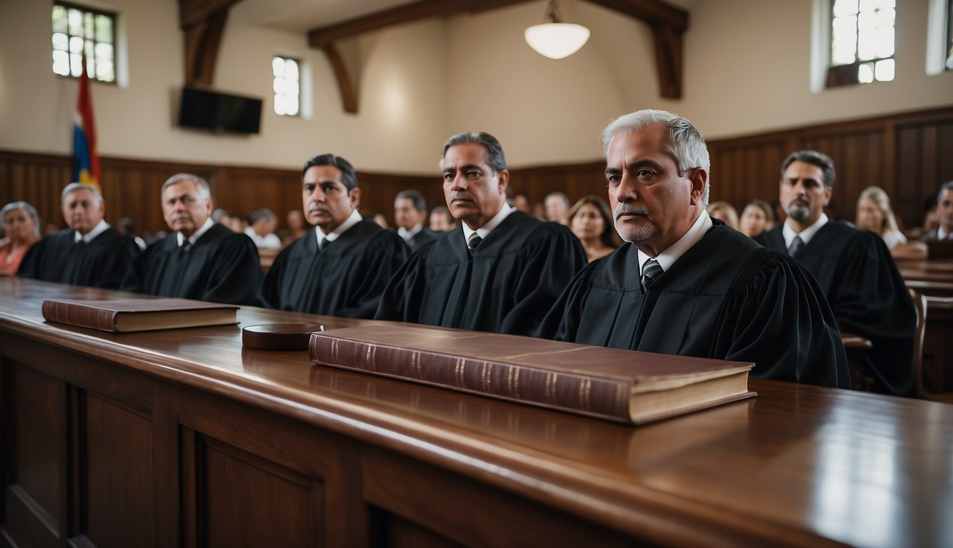A courtroom in Costa Rica with a judge presiding, lawyers presenting evidence, and individuals waiting to testify. Documents and legal books are scattered on the tables