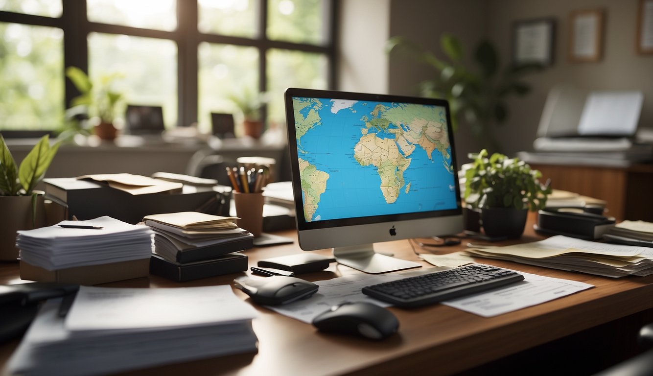 A figure sits at a desk, surrounded by files and a computer. A map of Costa Rica hangs on the wall, with a magnifying glass resting on it