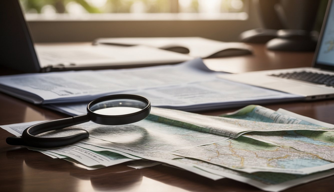 A desk with a computer, files, and a magnifying glass. A map of Costa Rica on the wall. A stack of papers labeled "Frequently Asked Questions Background investigations in Costa Rica."