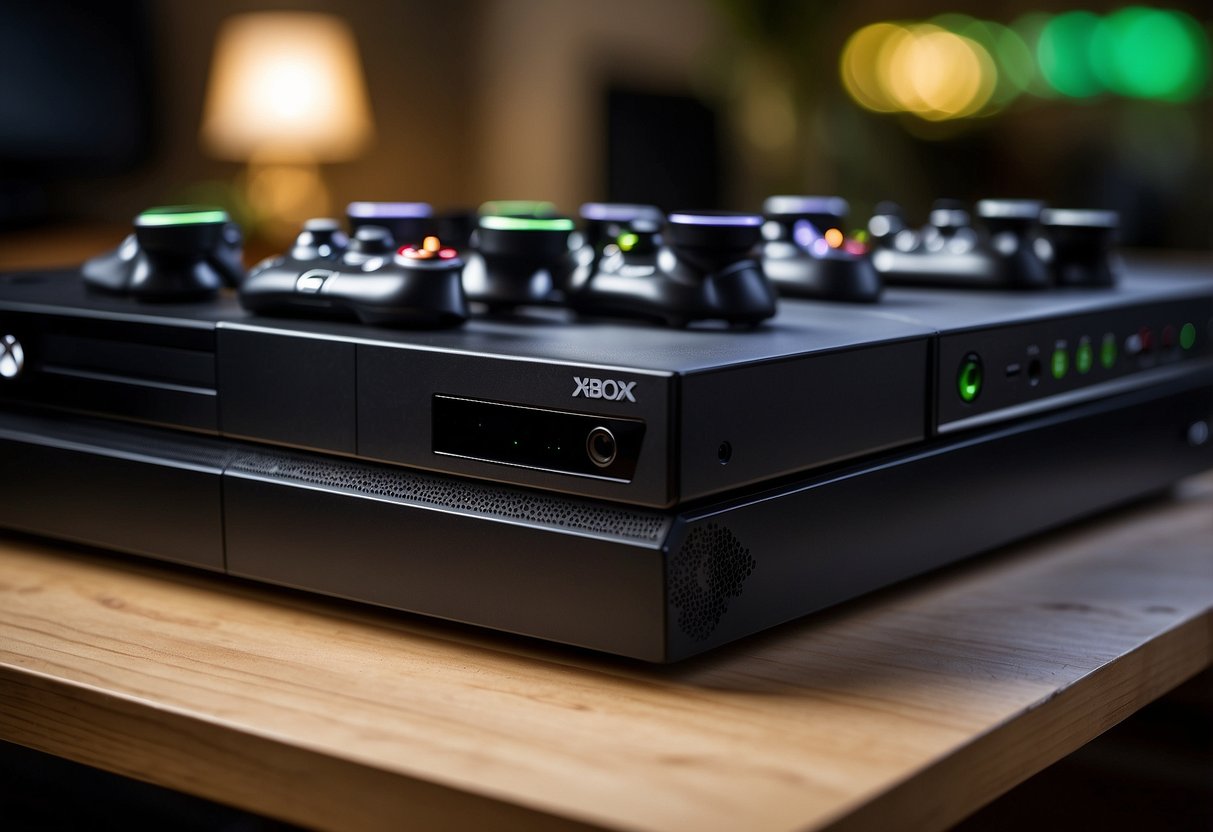 A row of Xbox consoles lined up on a shelf