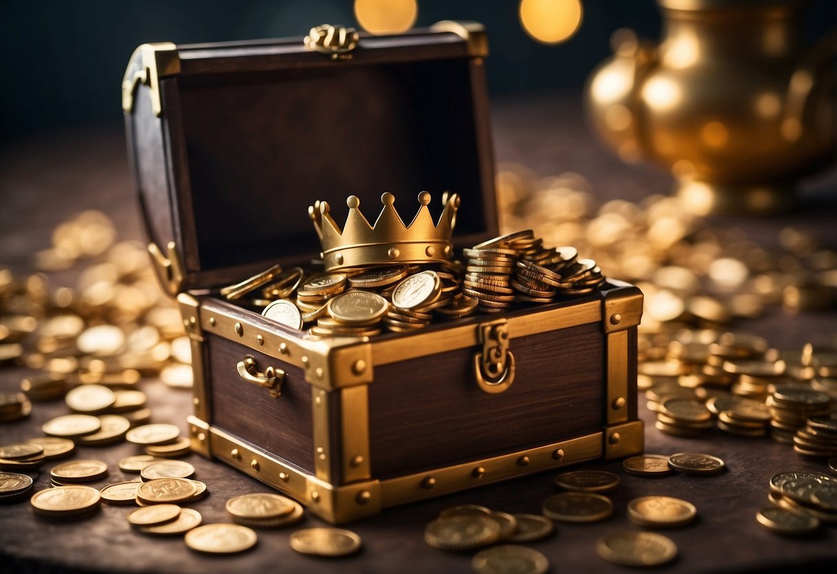 A treasure chest surrounded by spinning coins and a golden crown