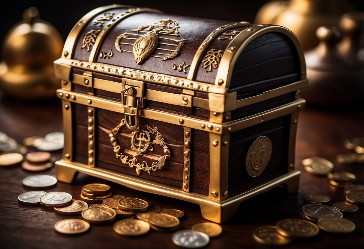 A treasure chest surrounded by coins and jewels, with the Coin Master logo prominently displayed on the lid