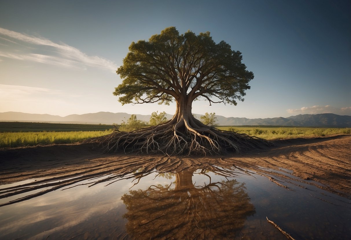 A tree with roots spreading across a vast landscape, symbolizing the origin and widespread significance of "sadge."